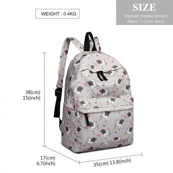 E1401 UN - Miss Lulu Large Backpack Unicorn Print - Grey